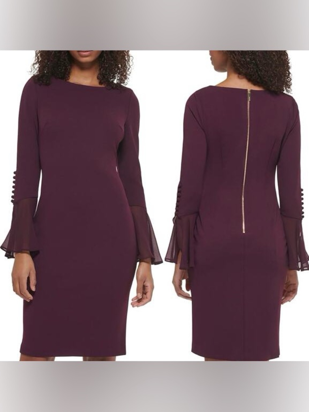 Calvin Klein Plum Long-Sleeve Sheath Dress with Mesh Fluted Cuffs